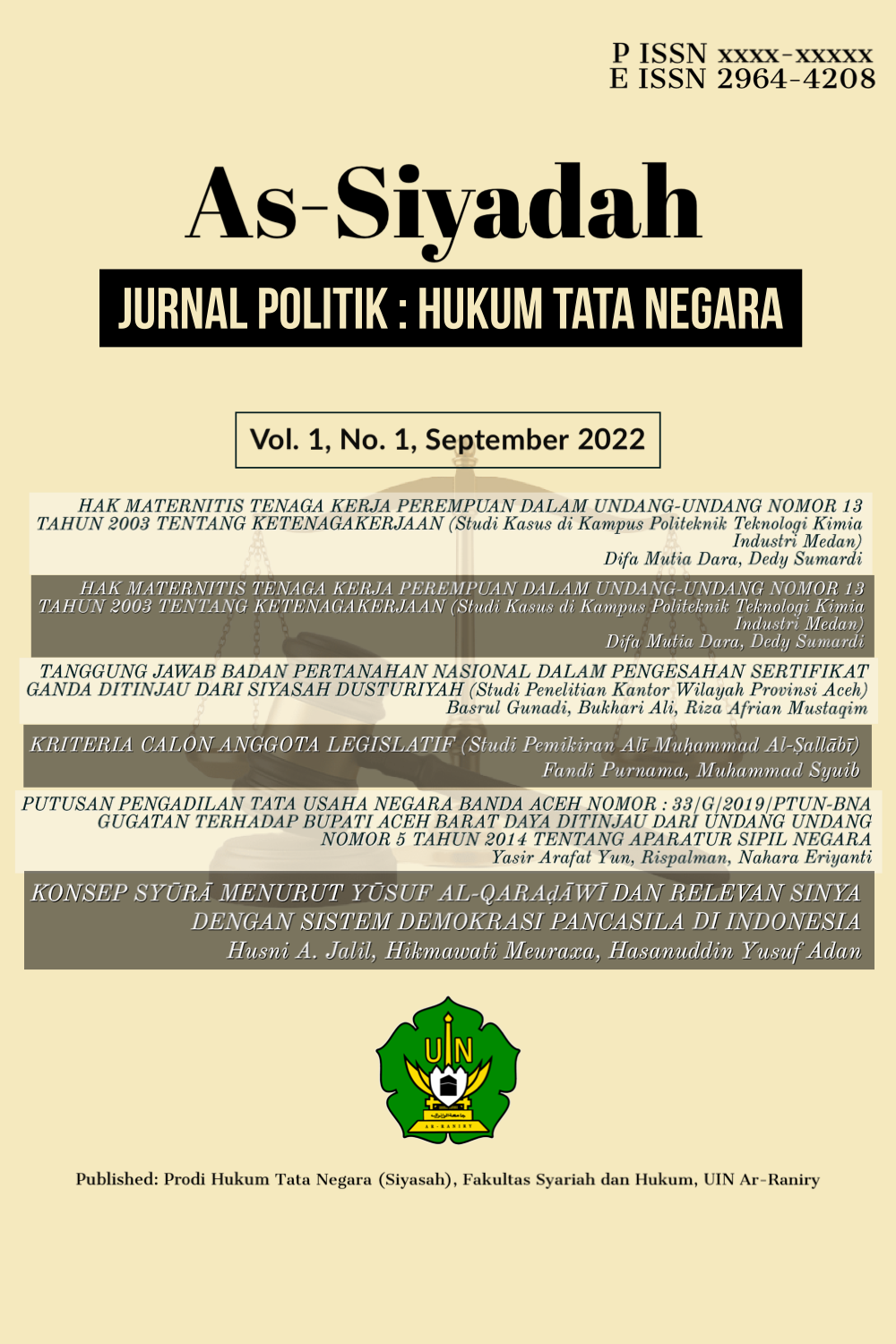 Vol 1 No 1 (2022): September As-Siyadah : Jurnal Politik dan Hukum Tata Negara